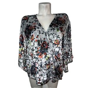 Maeve Top Floral Velvet Burnout Kimono Faux Wrap Blouse Shirt Women's Size Large